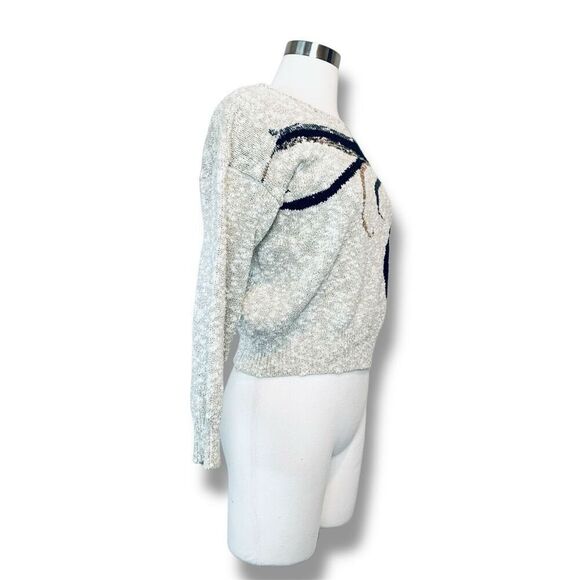 Vintage Tan Cream Appliqué Sweater Medium Floral Indie Cottage Knit Boat - Picture 3 of 6